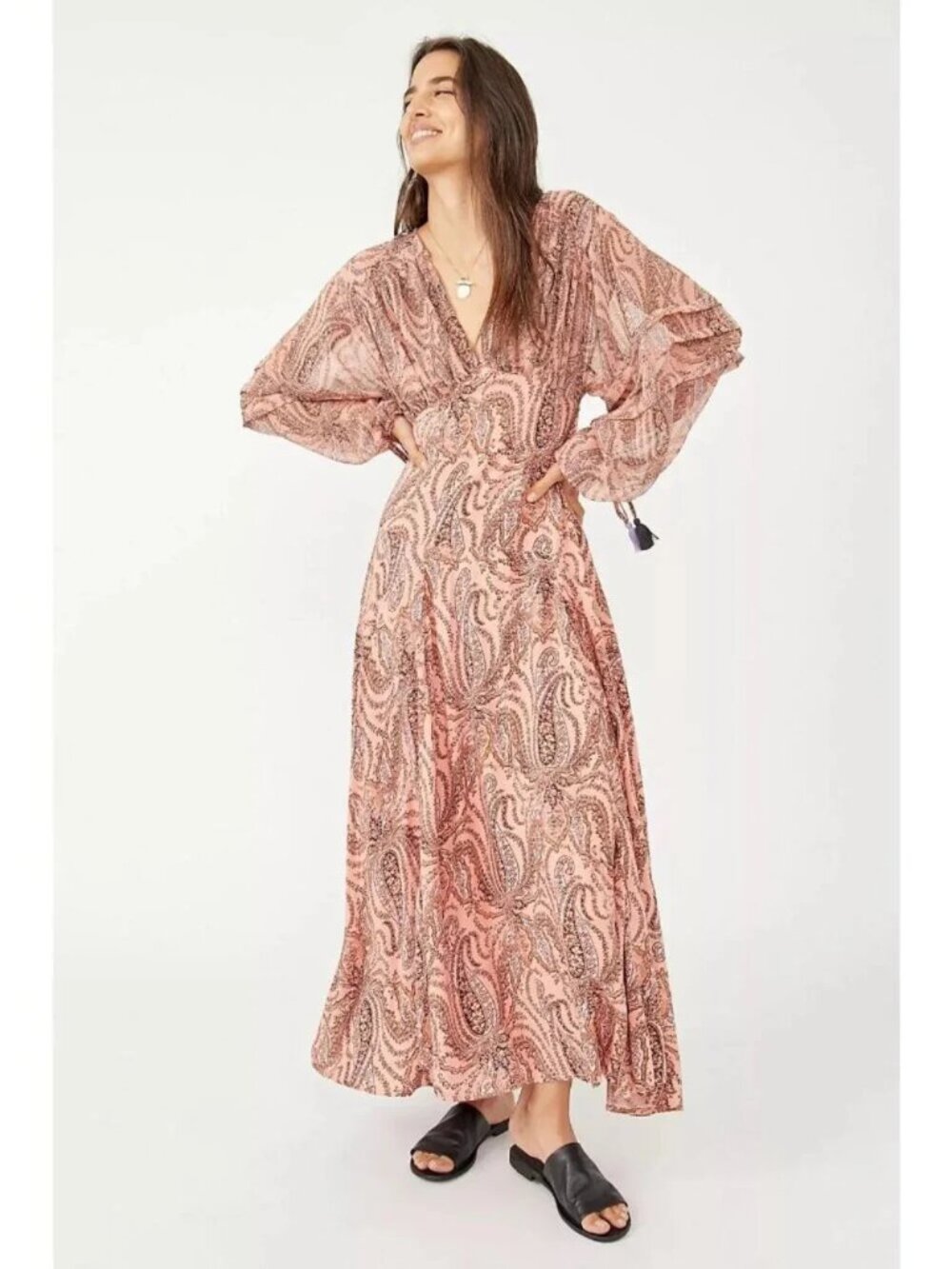 Free People Mirage Blouson Long Sleeve Maxi‎ Dress Paisley Boho
